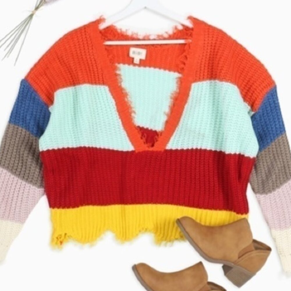 Bibi raw hem Colorblock Sweater cropped size medium